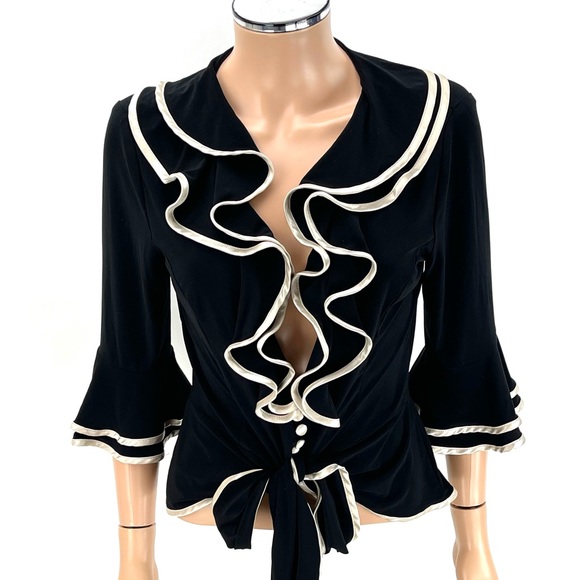 Joseph Ribkoff Tops - JOSEPH RIBKOFF Flamenco Ruffle Wrap Blouse SIZE 8 Black Ivory Satin Evening Top